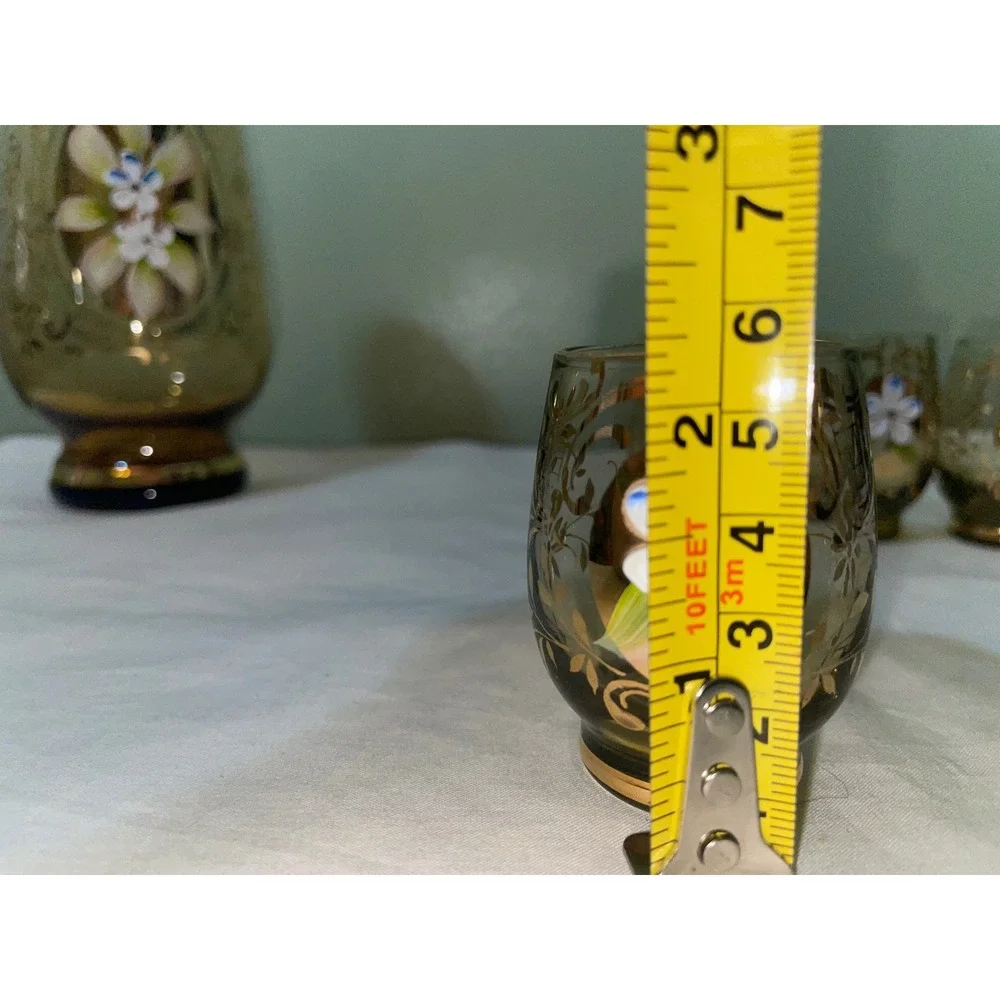 Vintage Amber Gold Encrusted Glass Decanter Set Hand Painted Floral 5pc